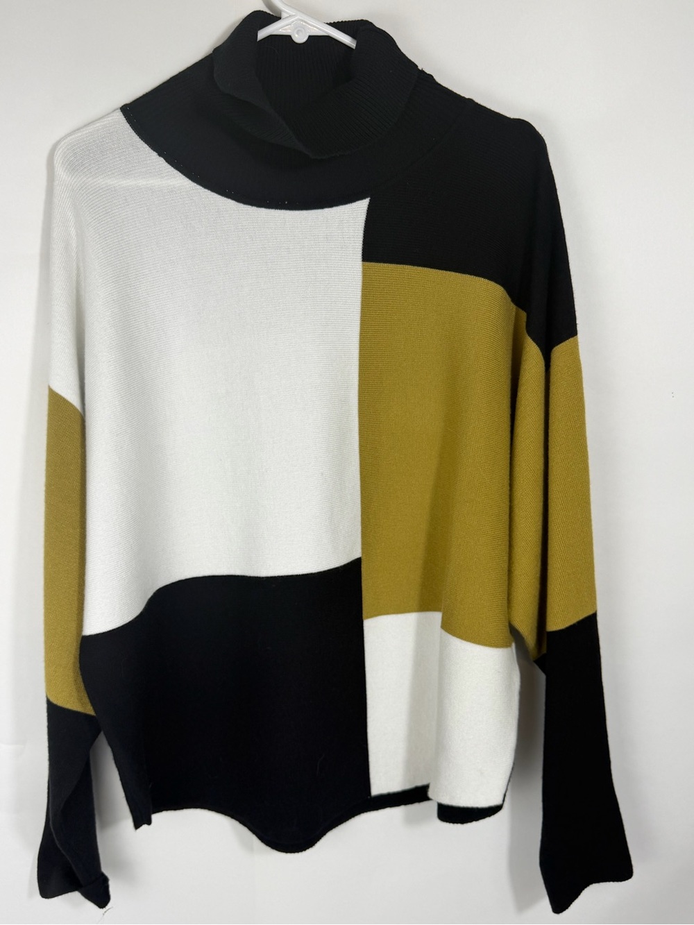Aaeda Colorblock Knit Mock Neck Sweater Black White Mustard Gold Dolman Size L